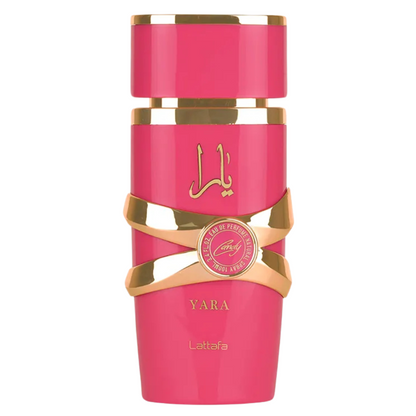 A pink bottle of Yara Candy Perfume by Lattafa with gold accents on the packaging. Lattafa Yara Candy Eau de Parfum in pink and gold bottle – sweet vanilla, fruity, and floral fragrance for women. Clone / dupe of / inspired by Kayali - Vanilla Candy Rock Sugar.