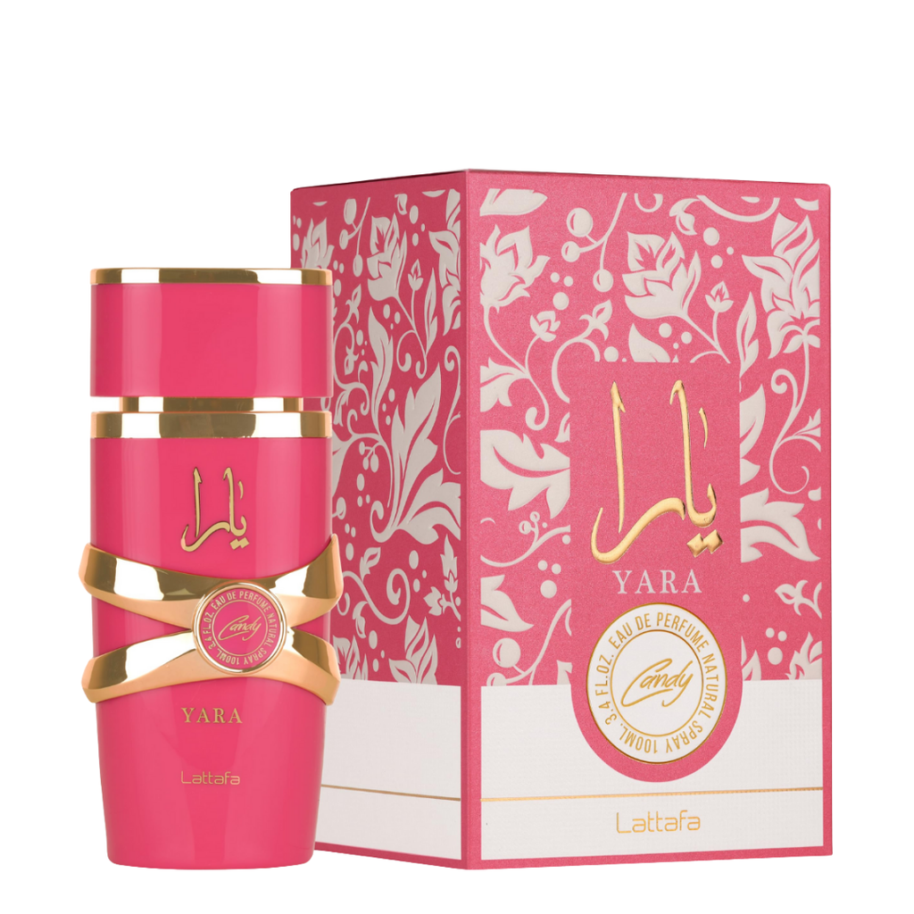 Lattafa Yara Candy perfume bottle and floral pink packaging – luxurious gourmand fragrance for women. 
