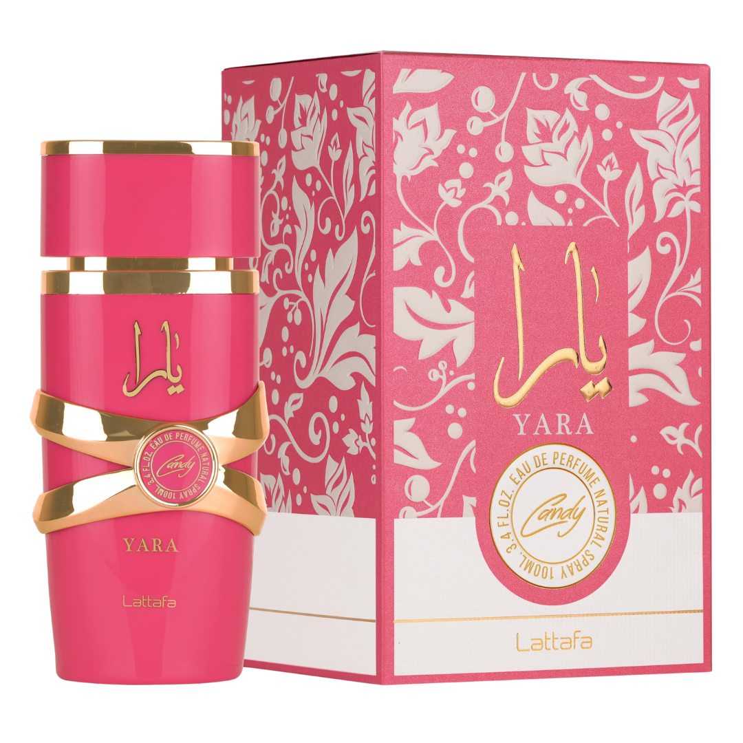 Lattafa Yara Candy perfume bottle and floral pink packaging – luxurious gourmand fragrance for women. Clone / dupe of / inspired by Kayali - Vanilla Candy Rock Sugar.