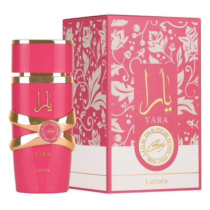 Lattafa Yara Candy perfume bottle and floral pink packaging – luxurious gourmand fragrance for women. Clone / dupe of / inspired by Kayali - Vanilla Candy Rock Sugar.