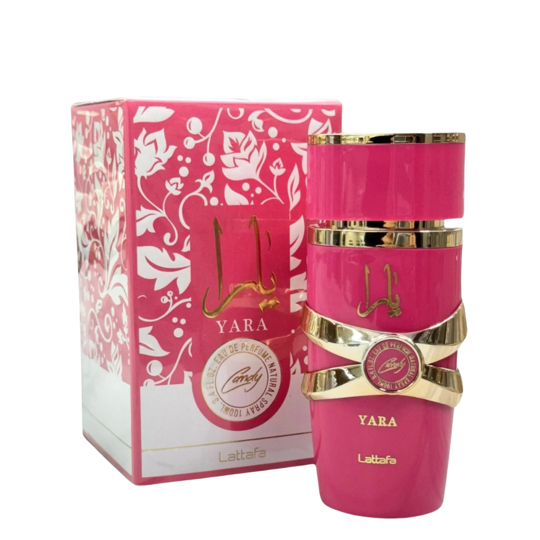Yara Candy by Lattafa – pink and gold women’s perfume with floral and fruity notes. 