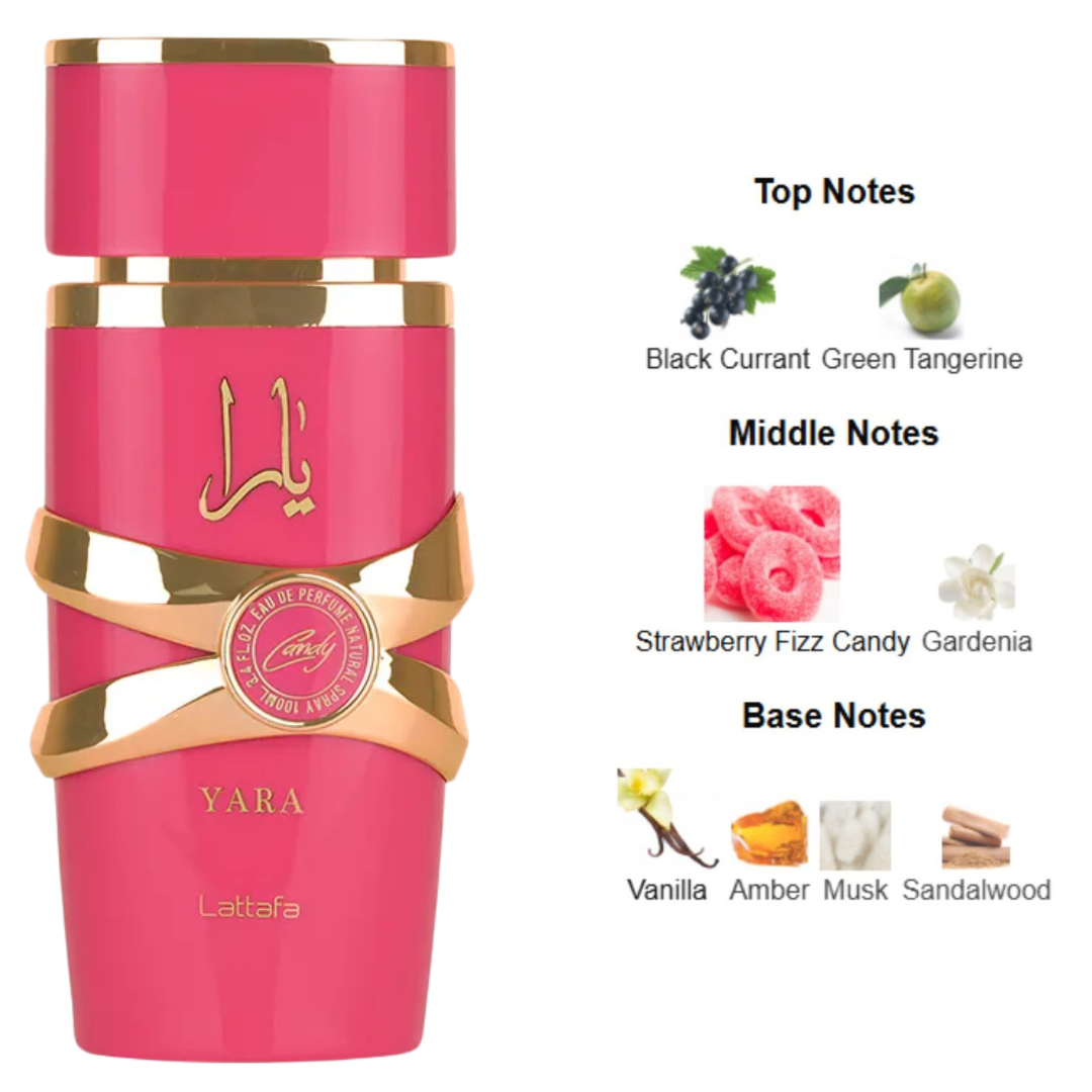 Yara Candy by Lattafa fragrance notes – black currant, green tangerine, strawberry candy, gardenia, vanilla, amber, musk, and sandalwood. Clone / dupe of / inspired by Kayali - Vanilla Candy Rock Sugar.