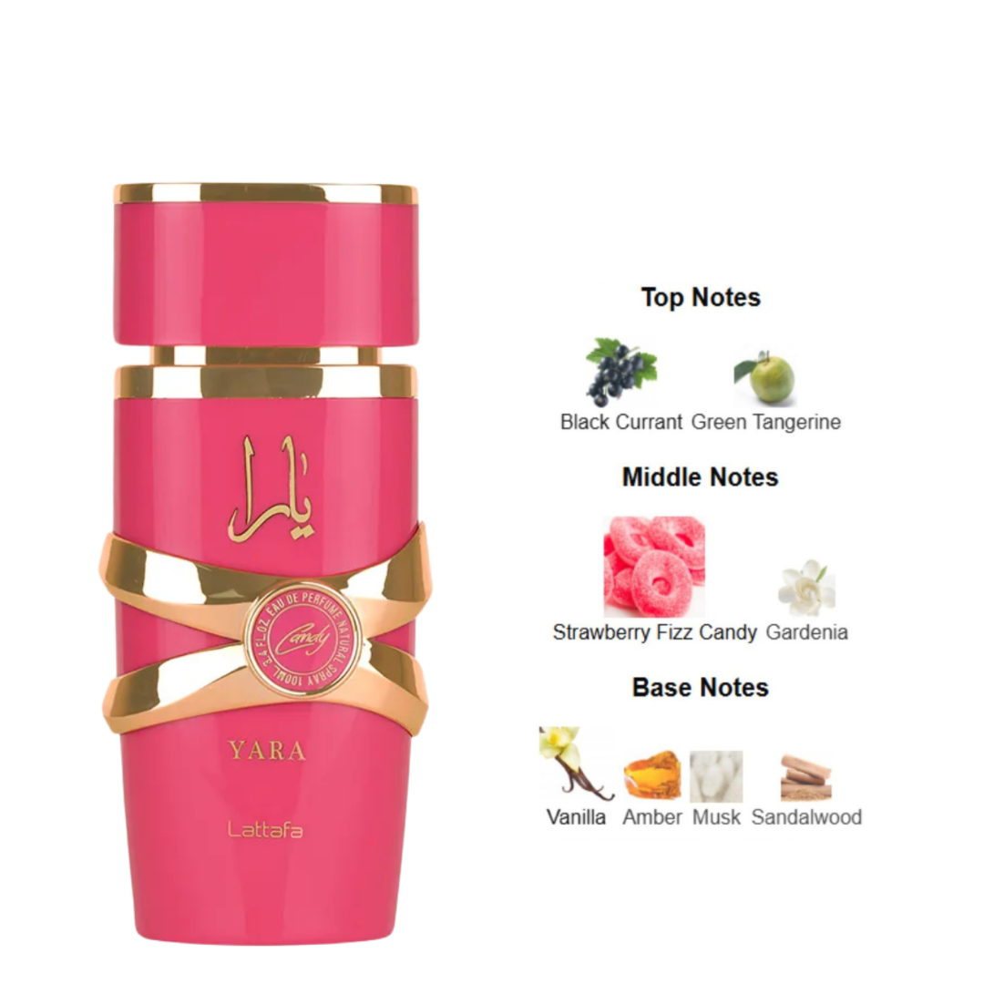 Yara Candy by Lattafa fragrance notes – black currant, green tangerine, strawberry candy, gardenia, vanilla, amber, musk, and sandalwood.