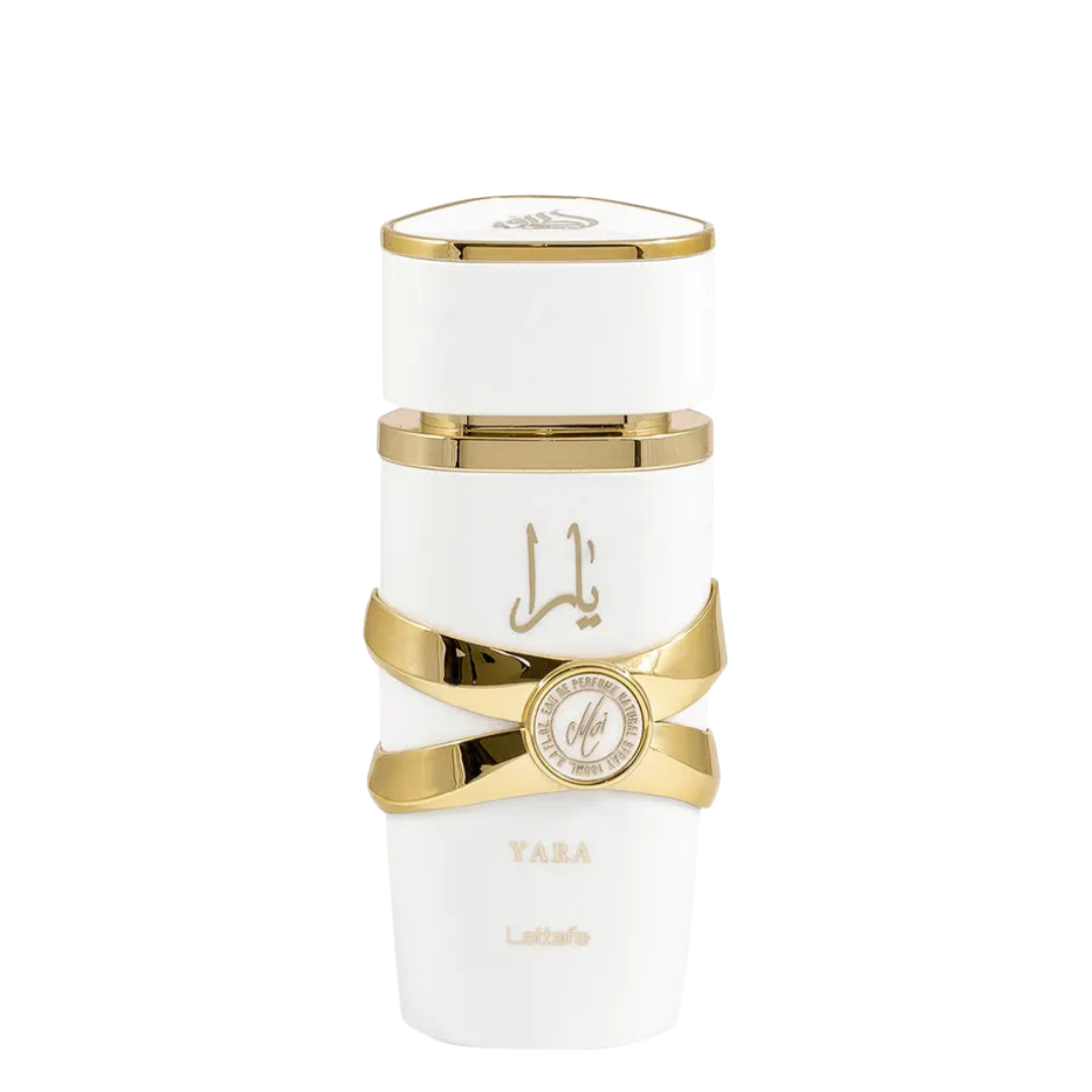 Lattafa Yara Moi Eau de Parfum – White and gold luxury perfume bottle, elegant Arabian fragrance for women.