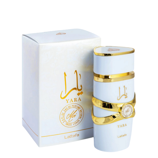 Lattafa Yara Moi perfume with box β Premium white and gold packaging, affordable clone of Marc Jacobs Perfect for women.