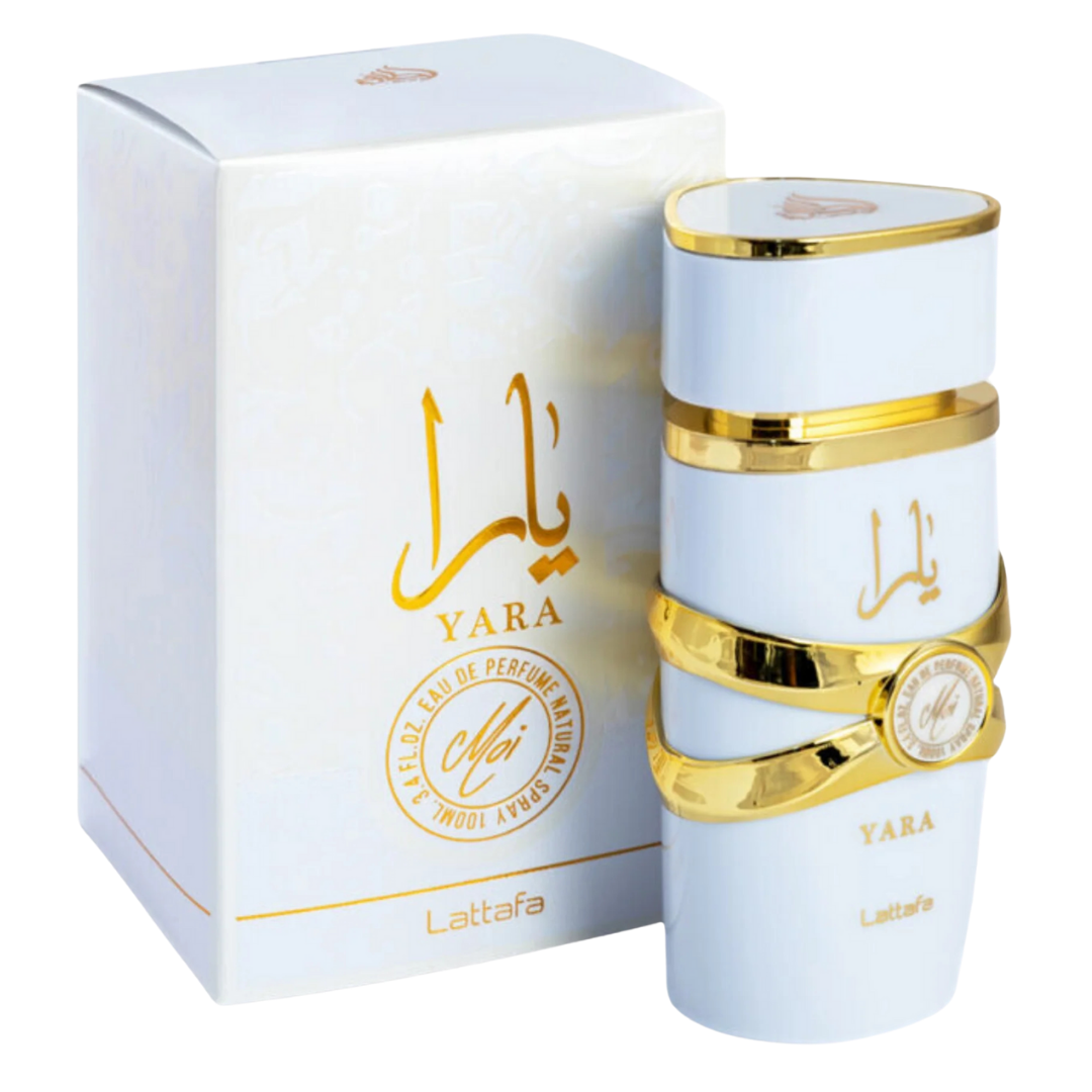 Lattafa Yara Moi perfume with box – Premium white and gold packaging, affordable clone of Marc Jacobs Perfect for women.