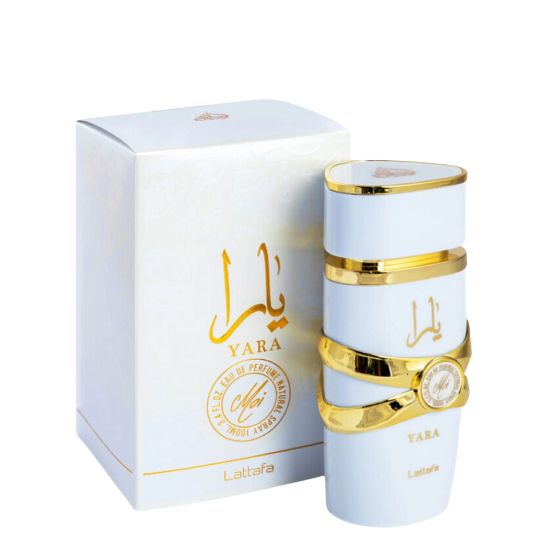 Lattafa Yara Moi perfume with box – Premium white and gold packaging, affordable 