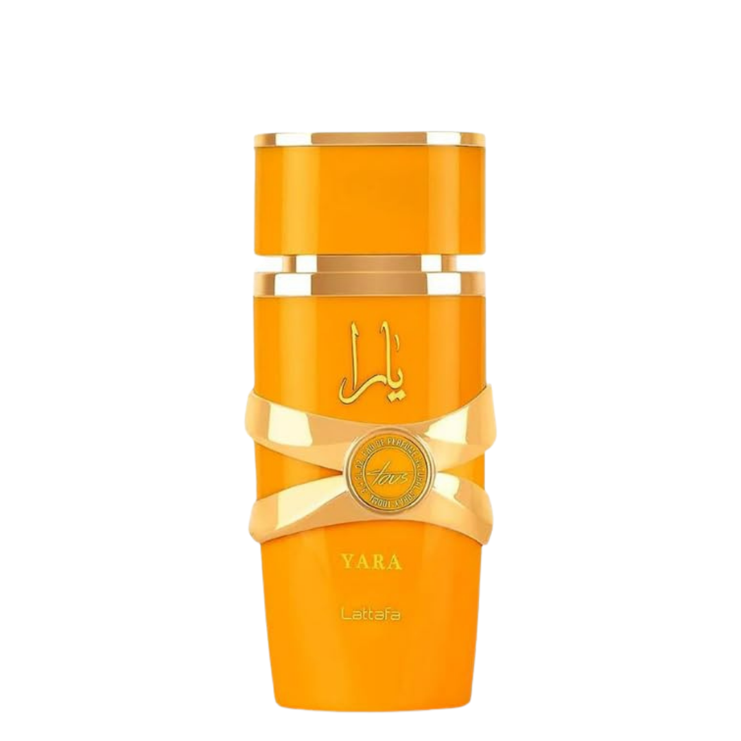 Lattafa Yara Tous perfume bottle – vibrant yellow design with gold accents, exotic fruity and tropical fragrance for women 