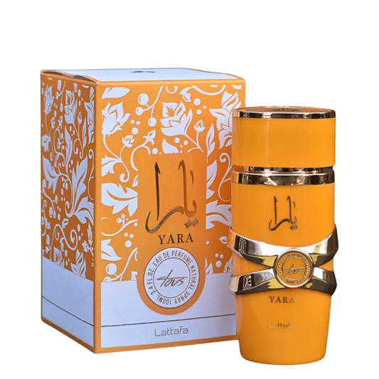 Lattafa Yara Tous Eau de Parfum with box β luxury fruity-floral fragrance in striking yellow bottle and patterned packaging. Clone / dupe of / inspired by Paco Rabanne - Fame perfume.