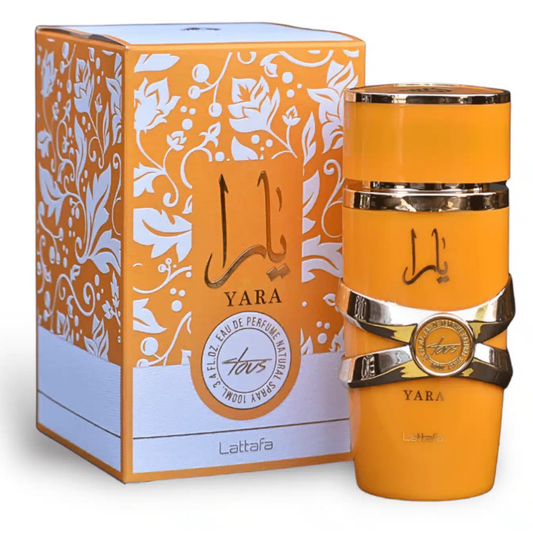 Lattafa Yara Tous Eau de Parfum with box – luxury fruity-floral fragrance in striking yellow bottle and patterned packaging. Clone / dupe of / inspired by Paco Rabanne - Fame perfume.