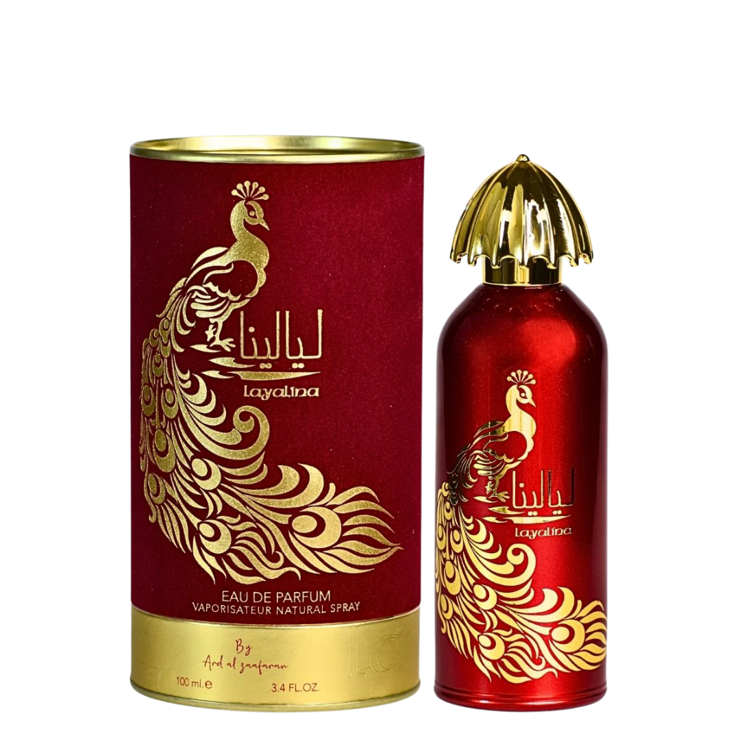 Red and gold Layalina perfume bottle and packaging on a white background. Layalina by Ard Al Zaafaran Womens Perfume
