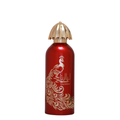 Red perfume bottle with gold accents and a peacock design on a white background. Layalina by Ard Al Zaafaran Womens Perfume