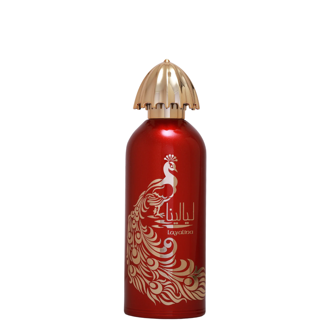 Red perfume bottle with gold accents and a peacock design on a white background. Layalina by Ard Al Zaafaran Womens Perfume