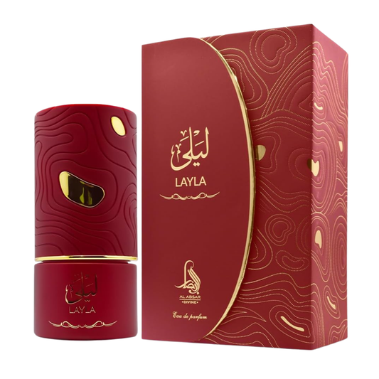 Red 'LAYLA' perfume bottle and packaging with gold accents on a white background