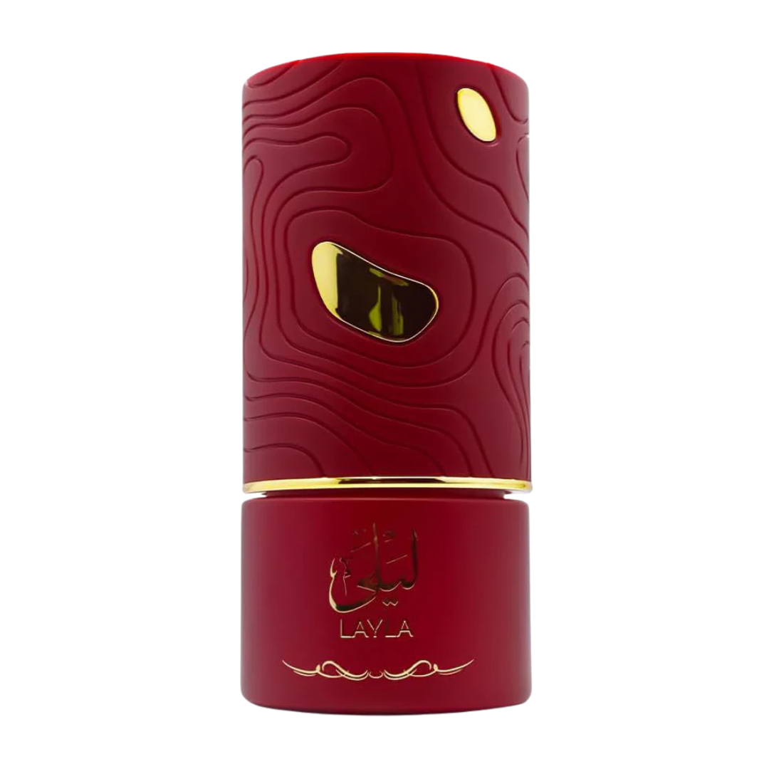 Red cylindrical container with gold accents and 'LAYLA' branding on a white background