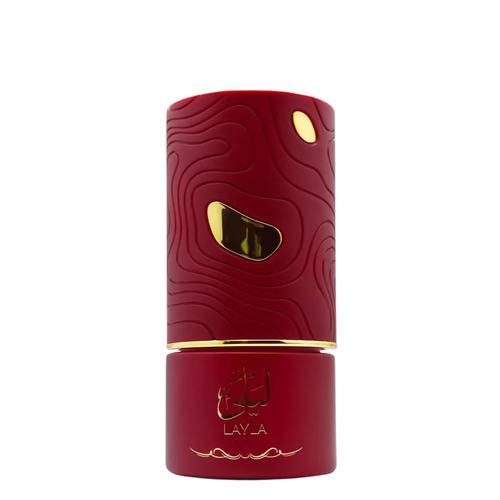 Red cylindrical container with gold accents and 'LAYLA' branding on a white background