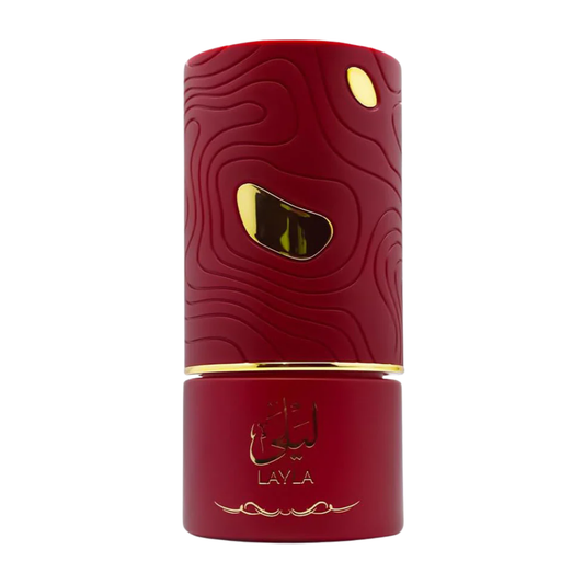 Red cylindrical container with gold accents and 'LAYLA' branding on a white background