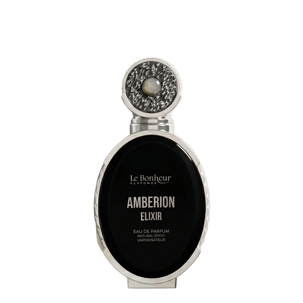 Le Bonheur Parfums Amberion Elixir Eau de Parfum bottle, featuring a black oval body with white lettering and a silver-toned frame, topped with an ornate silver cap decorated with a white pearl.
