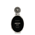 Le Bonheur Parfums Amberion Elixir Eau de Parfum bottle, featuring a black oval body with white lettering and a silver-toned frame, topped with an ornate silver cap decorated with a white pearl.