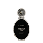 Le Bonheur Parfums Amberion Elixir Eau de Parfum bottle, featuring a black oval body with white lettering and a silver-toned frame, topped with an ornate silver cap decorated with a white pearl.