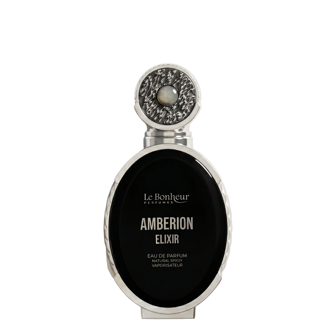 Le Bonheur Parfums Amberion Elixir Eau de Parfum bottle, featuring a black oval body with white lettering and a silver-toned frame, topped with an ornate silver cap decorated with a white pearl.