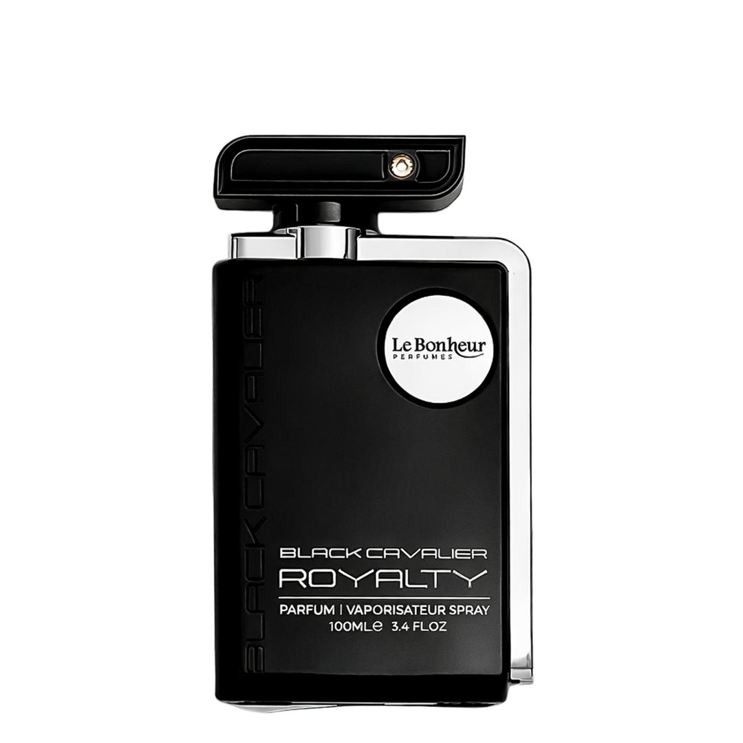Black perfume bottle labeled 'Black Cavalier Royalty' by Le Bonheur on a white background