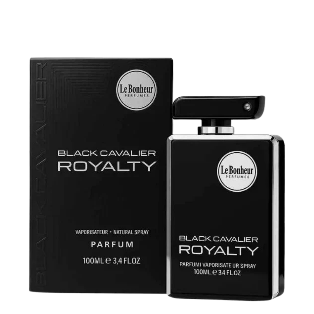 Black Cavalier Royalty perfume bottle and packaging by Le Bonheur on a white background