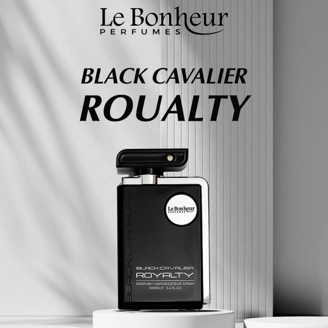 Black Cavalier Royalty perfume bottle by Le Bonheur Perfumes on a white background