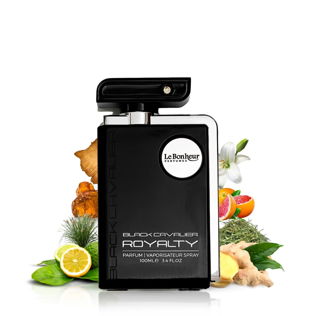 Black perfume bottle labeled 'Black Cavalier Royalty' by Le Bonheur Perfumes with floral and fruit elements on a white background.