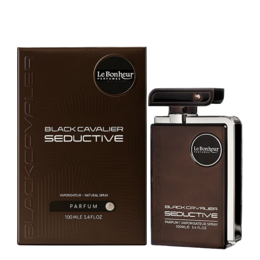 Le Bonheur Black Cavalier Seductive perfume bottle and packaging on a white background