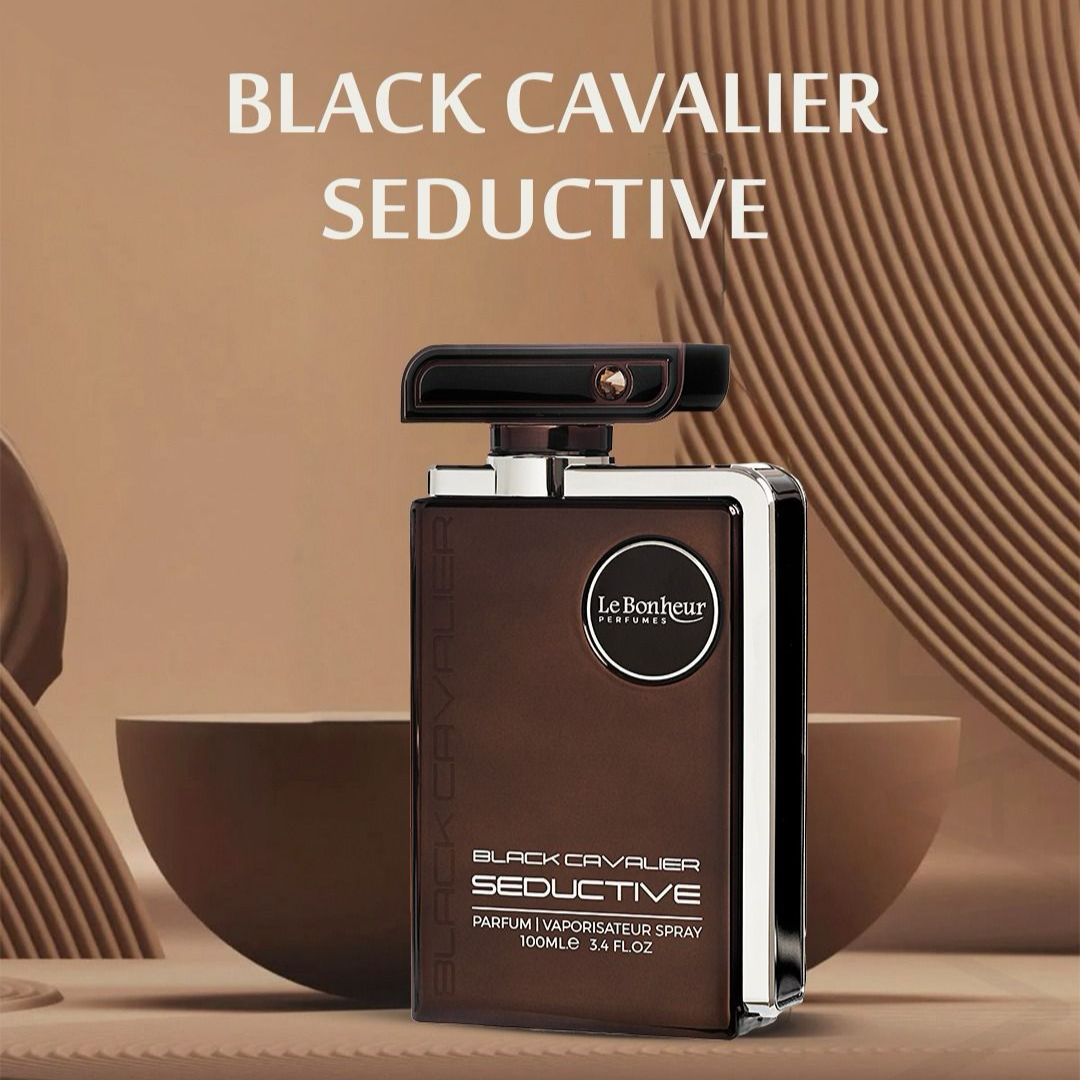 Perfume bottle labeled 'Black Cavalier Seductive' by Le Bonheur on a brown background