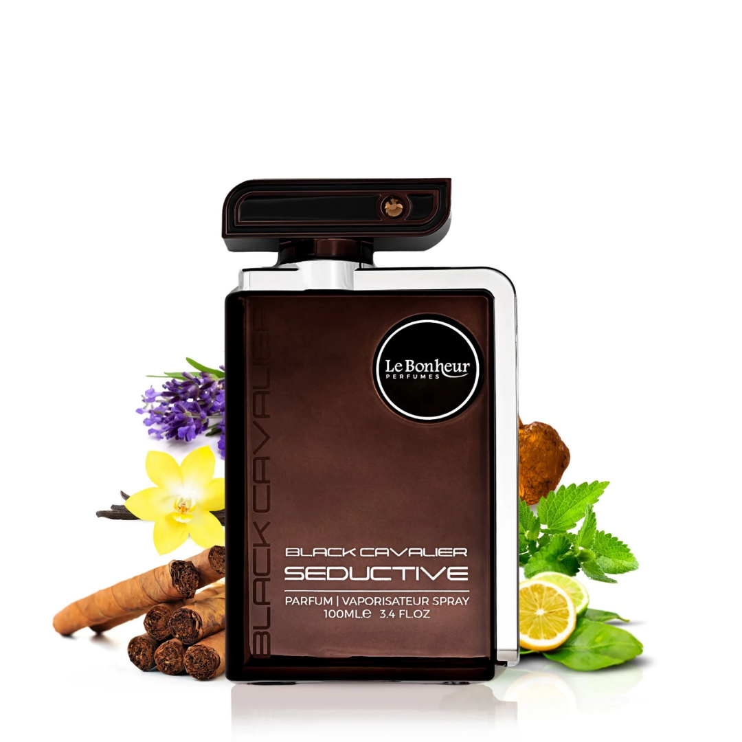 Perfume bottle labeled 'Black Cavalier Seductive' by Le Bonheur Perfumes with floral and spice elements on a white background.