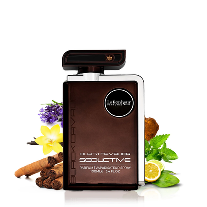 Perfume bottle labeled 'Black Cavalier Seductive' by Le Bonheur Perfumes with floral and spice elements on a white background.