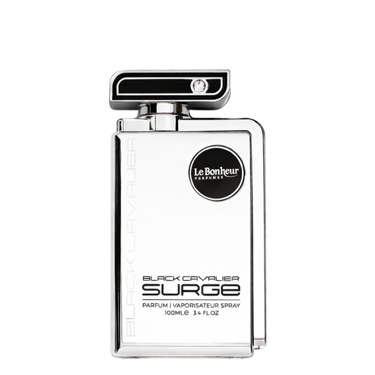 Le Bonheur perfume bottle with black and silver design on a white background. Le Bonheur: Black Cavalier Surge