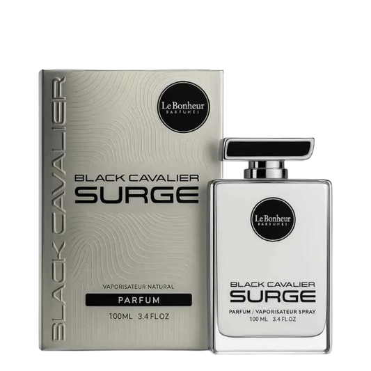 Black Cavalier Surge perfume bottle and packaging on a white background