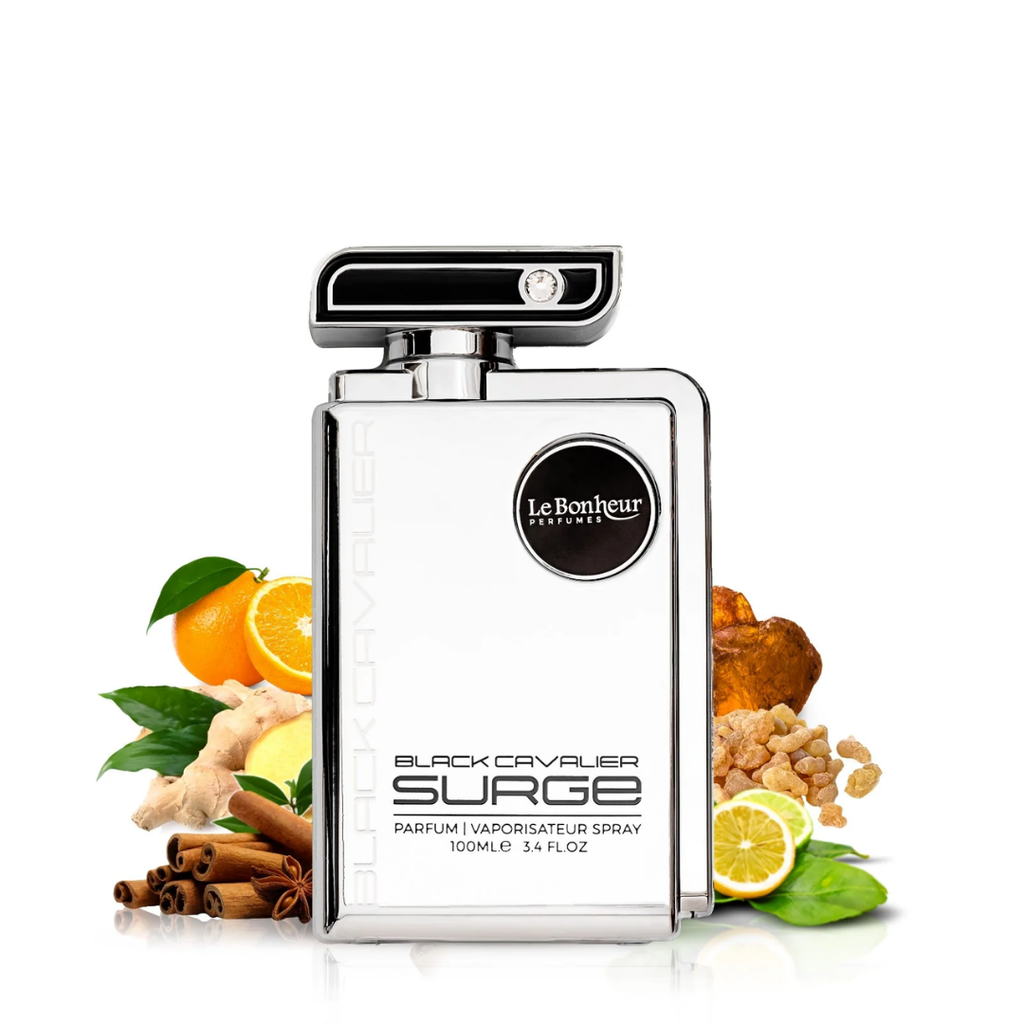 Perfume bottle labeled 'Le Bonheur' with fruit and spice graphics on a white background