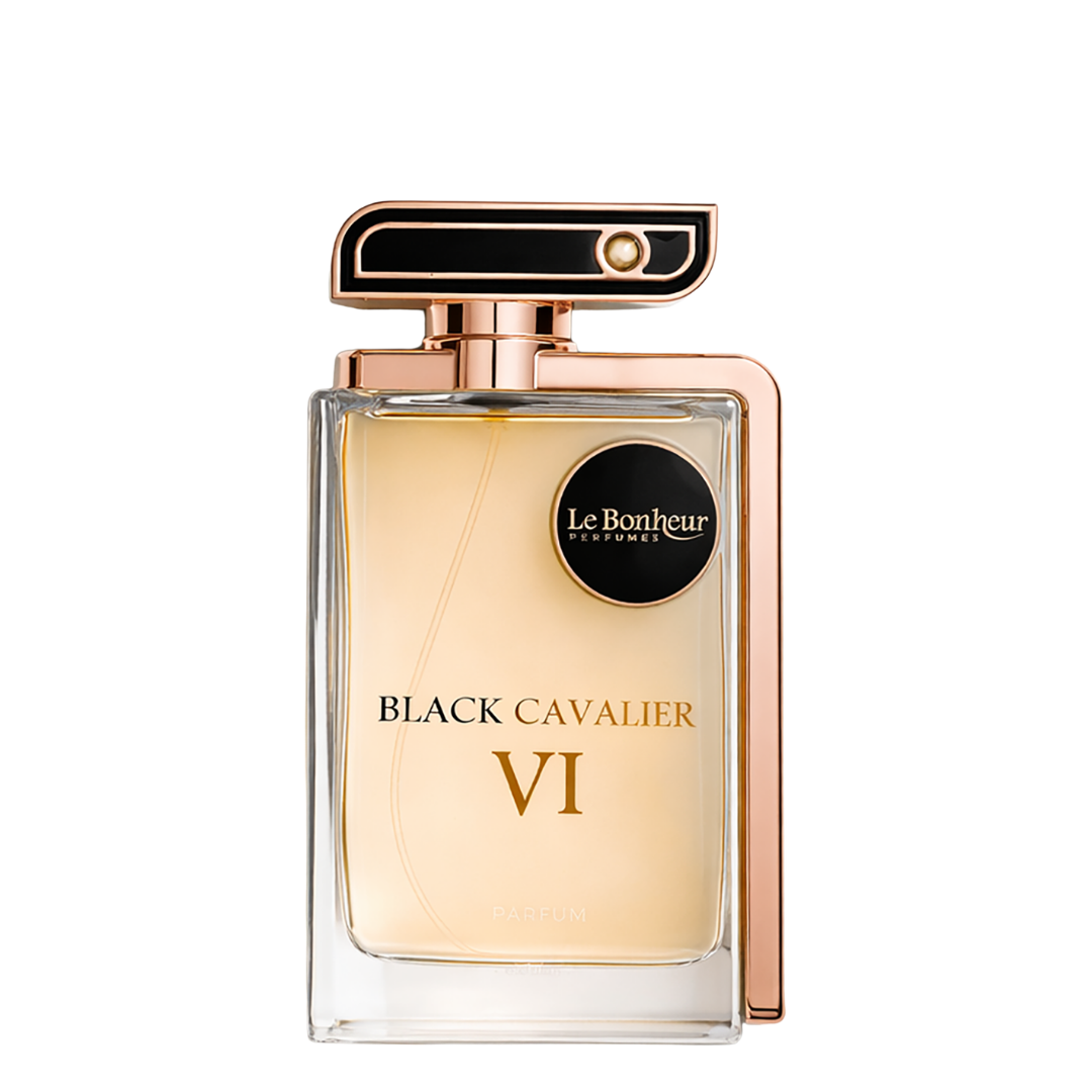 Perfume bottle labeled 'Black Cavalier VI' by Le Bonheur on a white background