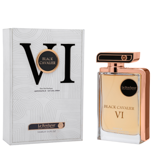 Le Bonheur Black Cavalier VI perfume bottle and packaging on a white background