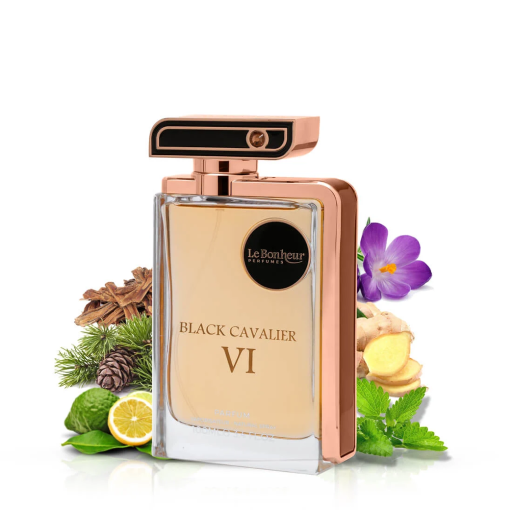Perfume bottle labeled 'Black Cavalier VI' by Le Bonheur Parfums with floral and botanical elements on a white background.