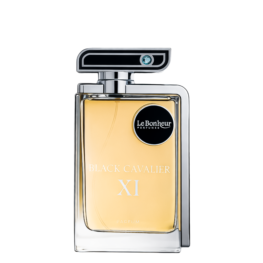 Perfume bottle labeled 'Black Cavalier XI' by Le Bonheur on a white background