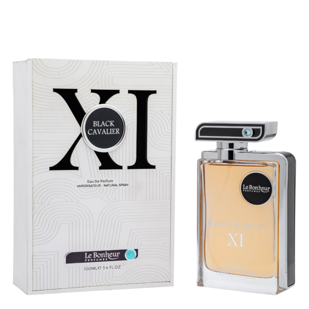 Perfume bottle and packaging of 'Black Cavalier XI' by Le Bonheur Perfumes on a white background