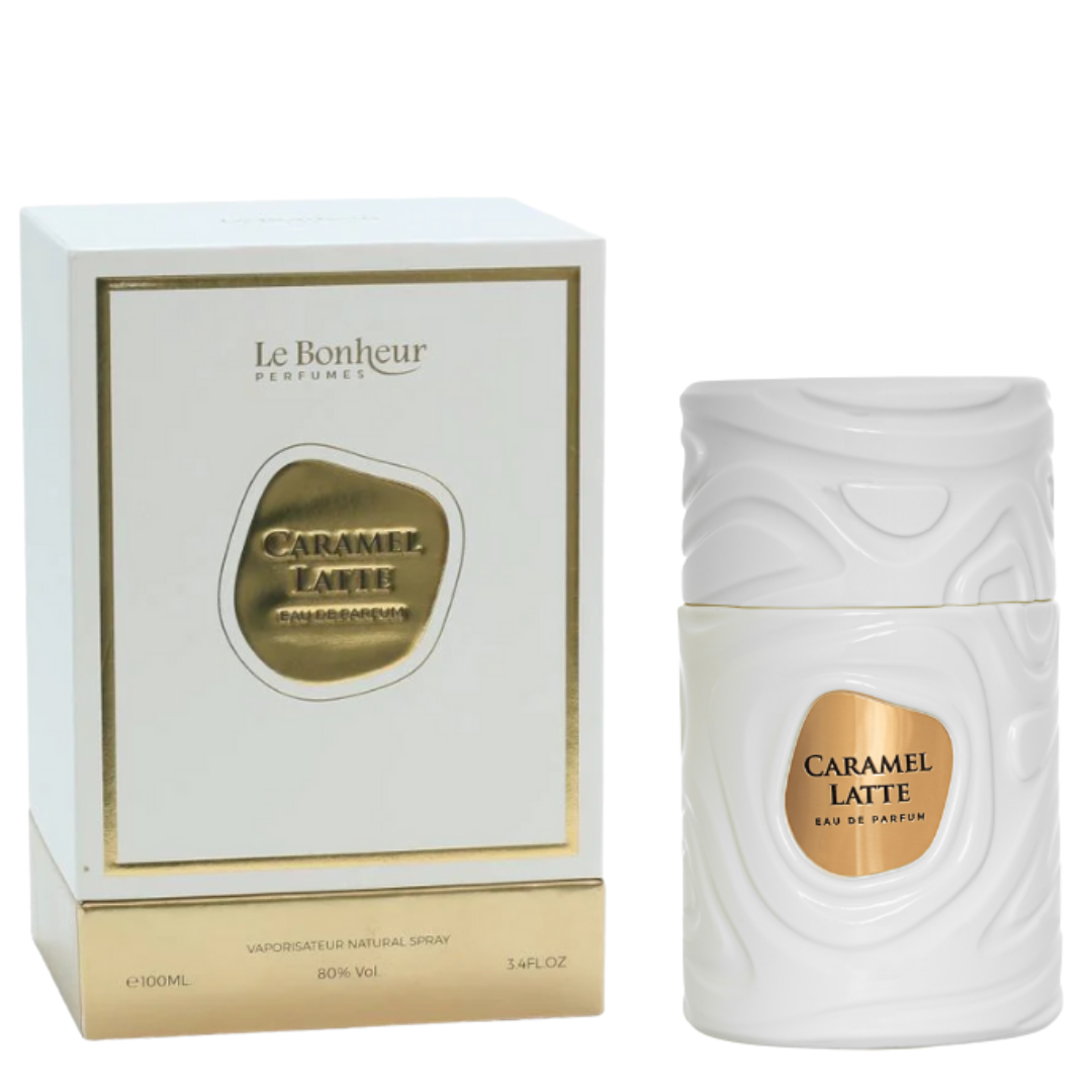 Le Bonheur Perfumes Caramel Latte perfume bottle and packaging on a white background