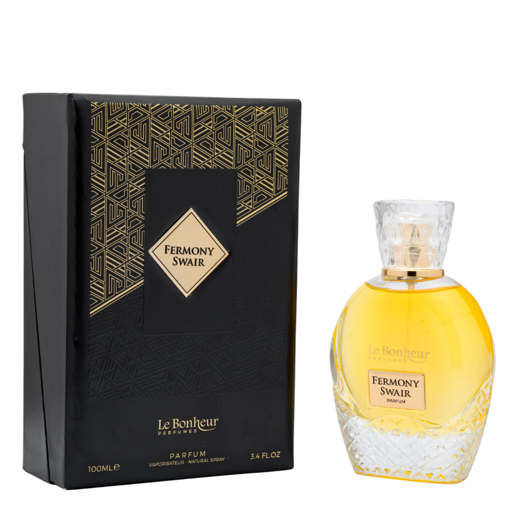 Le Bonheur Parfums Fermony Swair perfume bottle and its black and gold outer packaging box, shown on a plain white background.
