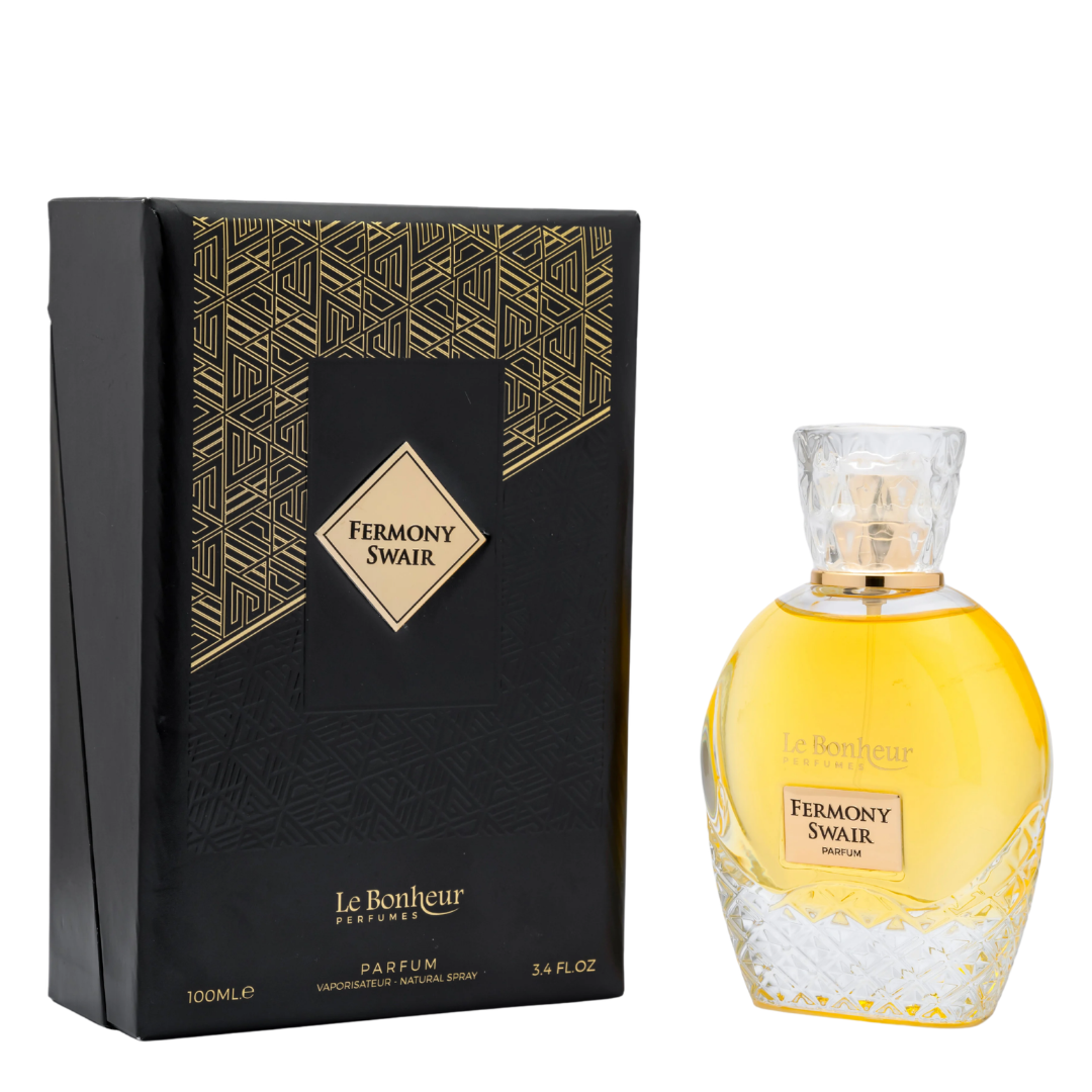 Le Bonheur Parfums Fermony Swair perfume bottle and its black and gold outer packaging box, shown on a plain white background.