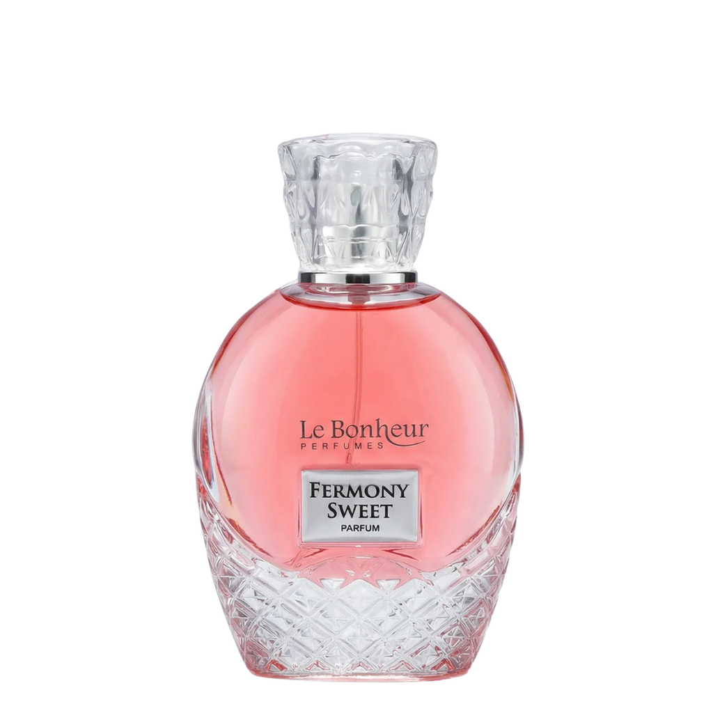Le Bonheur Parfums Fermony Sweet Parfum in a pink glass bottle with a faceted clear cap, shown on a white background.