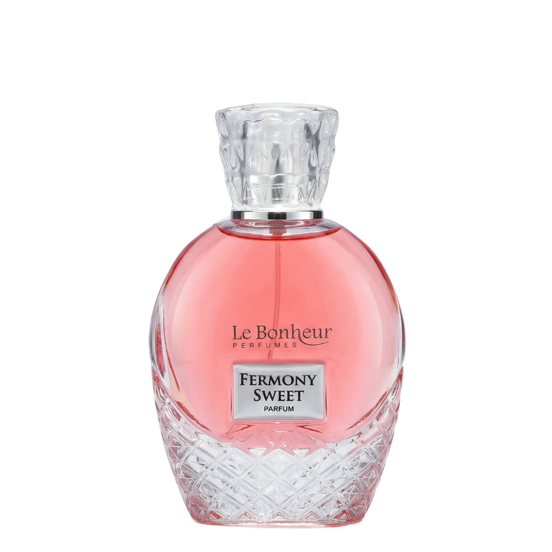 Le Bonheur Parfums Fermony Sweet Parfum in a pink glass bottle with a faceted clear cap, shown on a white background.