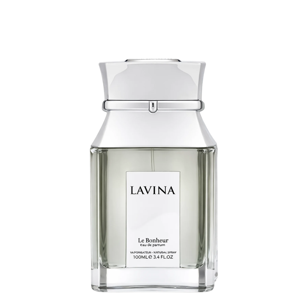 Lavina Le Bonheur Eau de Parfum 100mL bottle, featuring a clear glass body with a pale green liquid, a white label with black text, and a reflective silver cap, set against a plain white background.