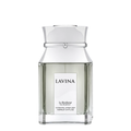Lavina Le Bonheur Eau de Parfum 100mL bottle, featuring a clear glass body with a pale green liquid, a white label with black text, and a reflective silver cap, set against a plain white background.