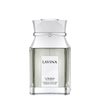 Lavina Le Bonheur Eau de Parfum 100mL bottle, featuring a clear glass body with a pale green liquid, a white label with black text, and a reflective silver cap, set against a plain white background.