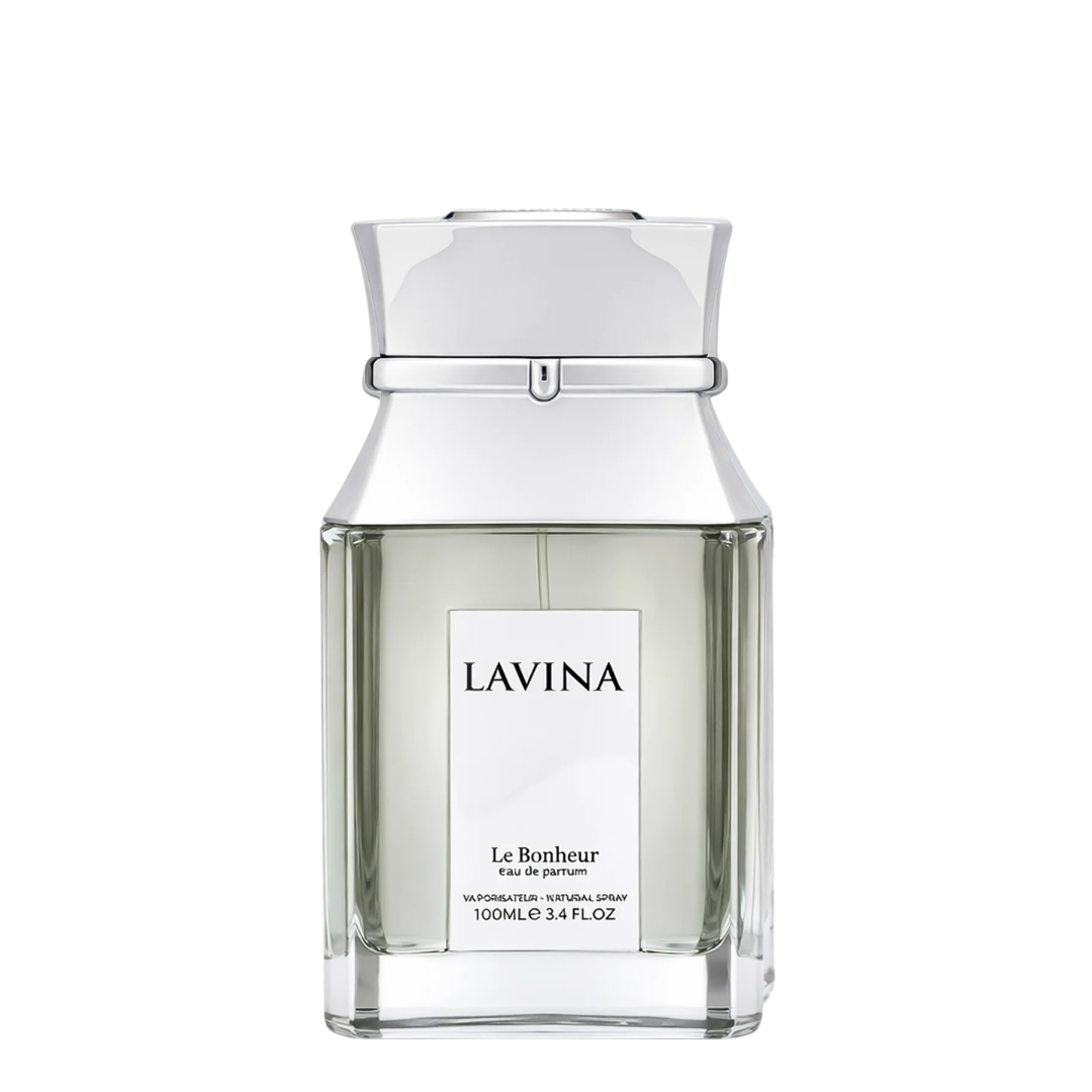 Lavina Le Bonheur Eau de Parfum 100mL bottle, featuring a clear glass body with a pale green liquid, a white label with black text, and a reflective silver cap, set against a plain white background.